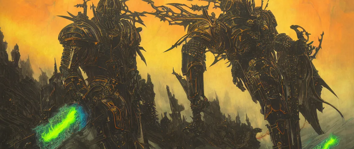Prompt: composition of gothic and futuristic, warhammer, cyber japan armor, more and more scars, thunderstorm, orange head, some yellow green and blue, the middle ages, highly detailed, artstation, in the style of moebius, jugendstil and classic japanese print, art by andre le notre and greg rutkowski, compositon by jean delville