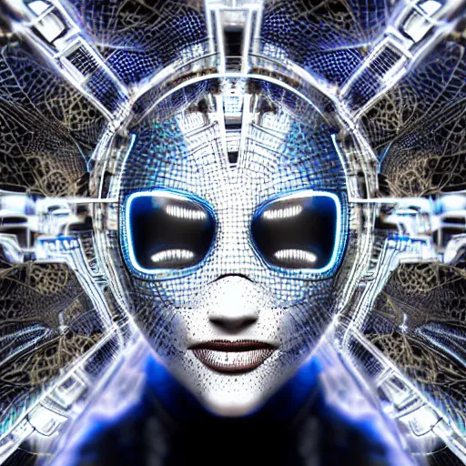 Prompt: an insanely detailed cibernetic artwork of a futuristic artificial intelligence superstar, centered image, perfectly symmetrical face, with frames made of detailed fractals, octsne render, 4k, insanely detailed, detailed grid as background, cgi