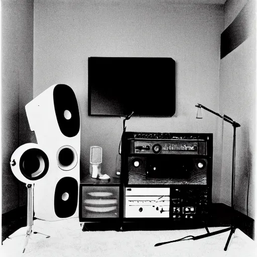 Image similar to 60s movie still of home music studio by Irving Penn, Cinestill 800t 35mm black and white, heavy grainy picture, very detailed, high quality, 4k, HD criterion, dramatic lightning, precise texture, gettyimages