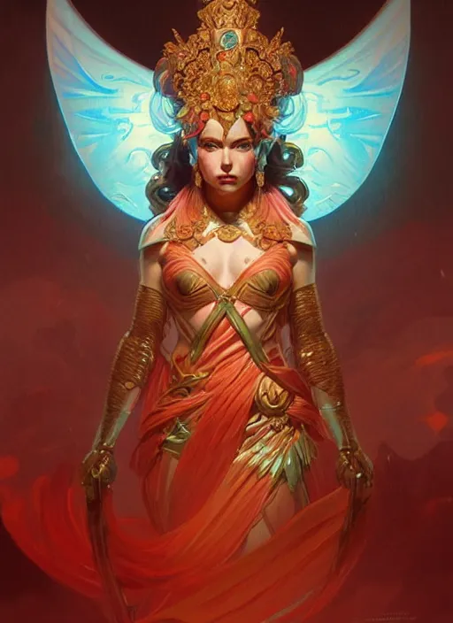 Image similar to the goddess hera looking angry, paper armour, volumetric lights, red and cyan theme, cute, intricate, elegant, highly detailed, digital painting, artstation, concept art, smooth, sharp focus, symmetric face, illustration, art by artgerm and greg rutkowski and alphonse mucha