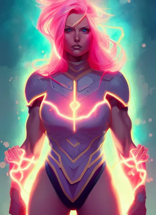 Prompt: style artgerm, joshua middleton, illustration, olivia munn as paladin, strong, muscular, muscles, pink hair, swirling yellow flames cosmos, fantasy, cinematic lighting, collectible card art