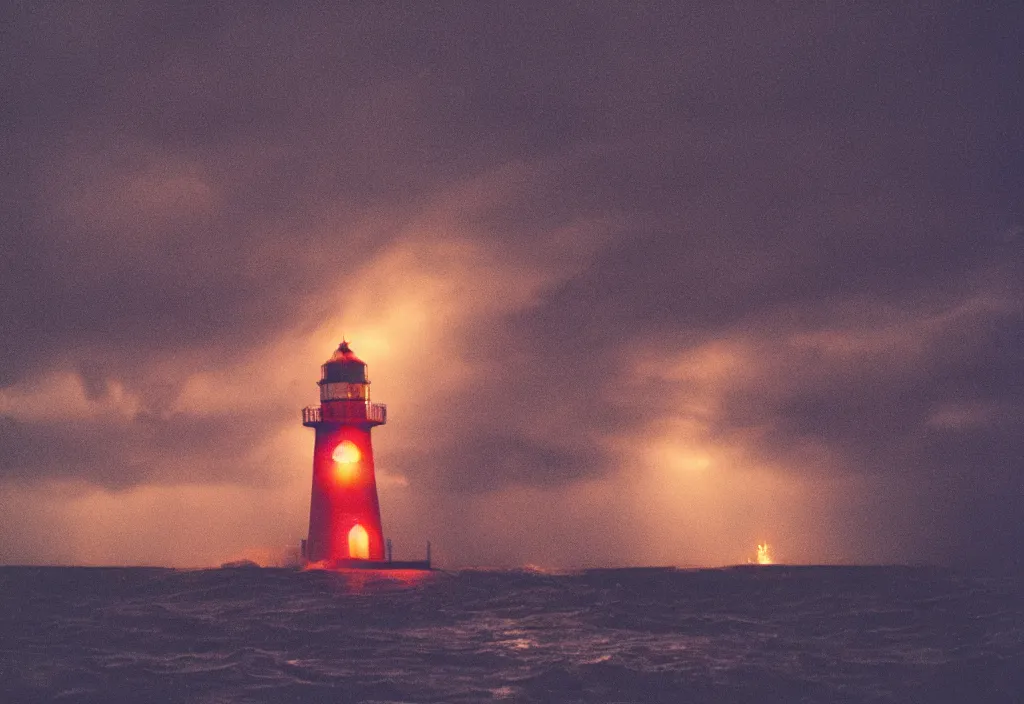 Prompt: lomo photo of burning lighthouse in the middle of a stormy sea, cinestill, bokeh, out of focus, night, dramatic lighting, streetlight