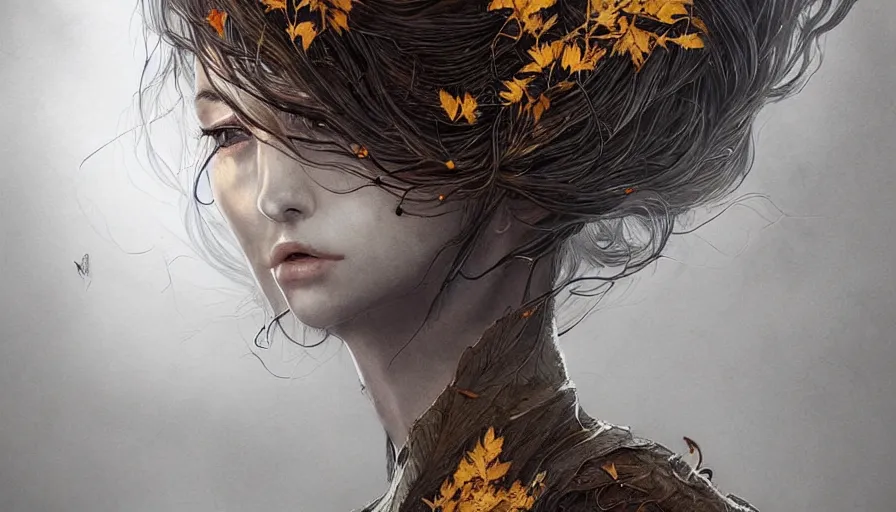 Image similar to golden leaves at frame border, creative!!! composition for a book cover!!!, absurdly beautiful, ultrafine hyperrealistic detailed old!! witch face by wlop and artgerm and greg rutkowski, intricate linework, sharp focus, smooth, octopath traveler, final fantasy, unreal engine, dramatic lighting, ethereal, 8 k