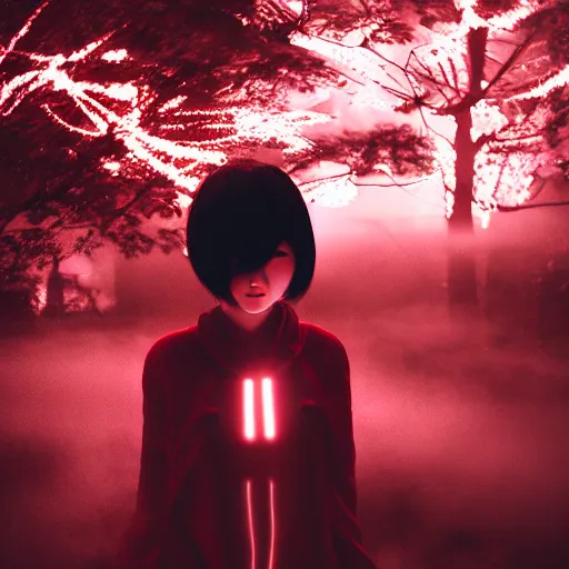 Prompt: photograph of an alternative japanese girl, dark red and white lights, anime influenced, hihgly detailed, hyper realistic, volumentric fog, raytracing