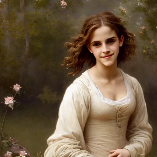 Image similar to Painting of Emma Watson as Hermione Granger. Smiling. Happy. Cheerful. Art by william adolphe bouguereau. Extremely detailed. Beautiful. 4K. Award winning.