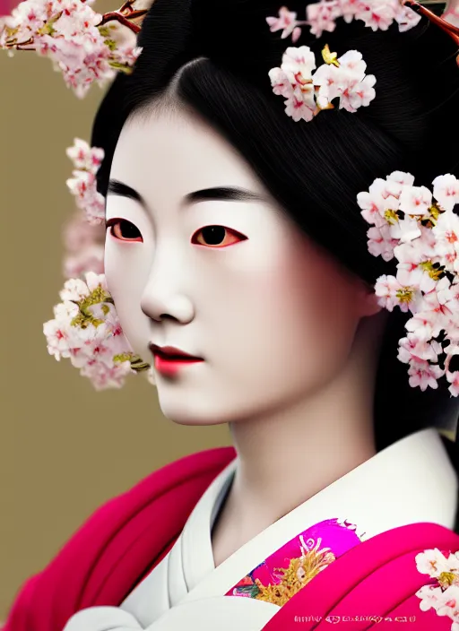 Image similar to Beautiful Japanese geisha close up portrait shot, 1920s geisha, Japanese, young woman, half body photo, upper body, traditional geisha clothing, geisha makeup, geisha hairstyle, hyper realistic, 8k detail, trending, professional photography, cherry blossom background