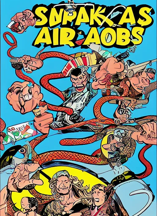 Prompt: snakes on a plane, comic book style by ralph goings, digital art