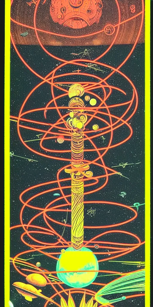 Image similar to 1968 science fiction tarot card, cut out collage, neon Roman, spring on Saturn, epic theater, deep sea, mountain plants, drawings in part by moebius, part by Ernst Haekl, text by William S Boroughs