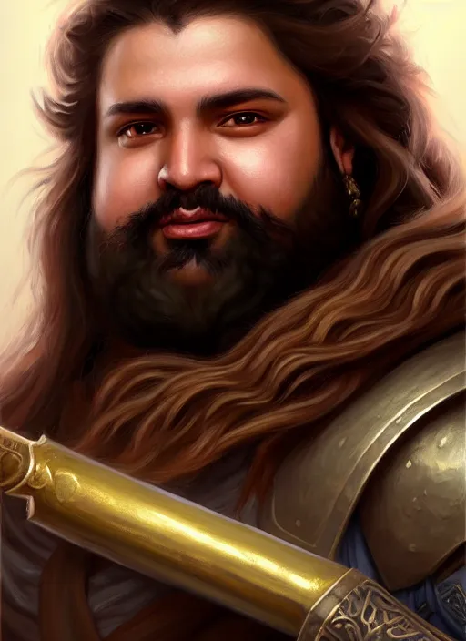 Image similar to a _ fantasy _ style _ portrait _ painting _ of esfandtv light brown male holy paladin with long wavy brown hair chubby and beard, hammer weapon, rpg dnd oil _ painting _ unreal _ 5 _ daz. _ rpg _ portrait _ extremely _ detailed _ artgerm _ greg _ rutkowski _ greg