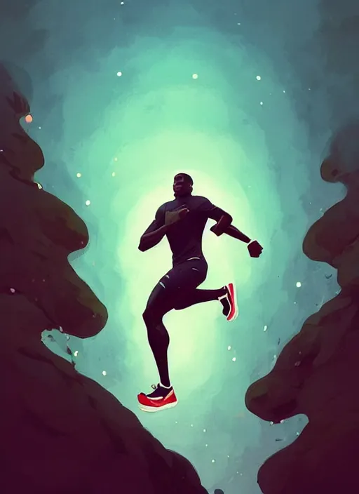 Image similar to dream highly detailed full body portrait of a black man sprinting on the olympics, completely engaged, magnificent, photographic realistic background, by atey ghailan, by greg rutkowski, by greg tocchini, by james gilleard, by joe fenton, by kaethe butcher, trending on instagram, award winning details