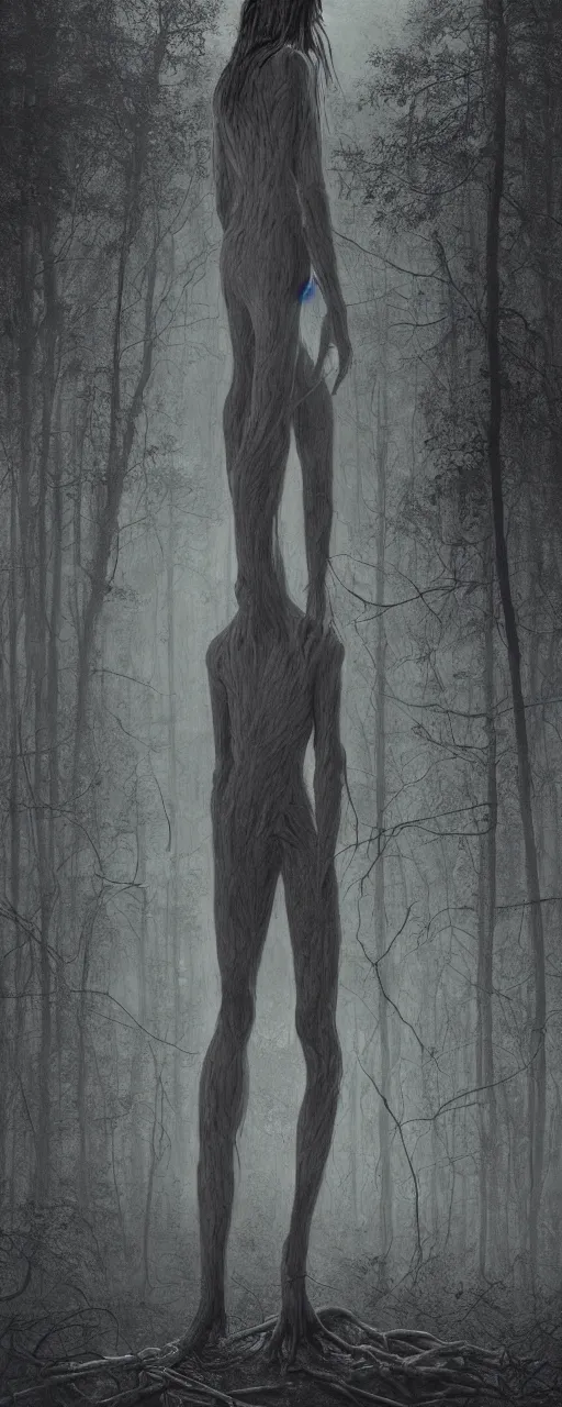 Image similar to a creepy portrait of slenderman. forest. night. character design by miles johnston, stephen gammell, gustave dore and zdzisław beksinski. volumetric light, detailed, rendered in octane