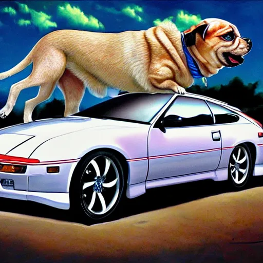 Image similar to hybrid Nissan 300zx pug dog, intricate detail, exquisite art, airbrush illustration,