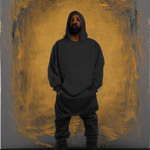 Image similar to a full body portrait of modern day jesus wearing yeezus streetwear hoodie and pants by nicola samori, oil painting, realistic, 8 k, kanye style