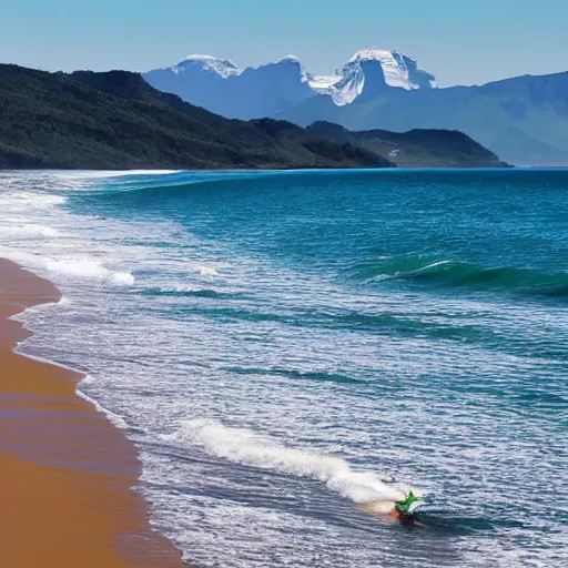 Image similar to A beach with mountains. The tallest peaks reach nearly to the sky. Ahead, in the distance, a blue-green sea stretches out for miles and miles until it fades into infinity. Surfers are riding the waves as they break against the shore. As the sun sets over the horizon, the light casts shadows across the water. A lone figure walks along the ocean's edge while looking at the distant land that lay beyond.