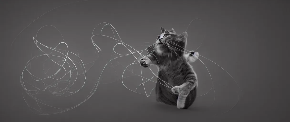 Image similar to 3 d render of cat playing with yarn in non - euclidean space, dynamic motion, concept art, high detail, artstaion, dark atmosphere, noir, 4 k