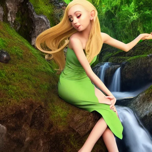 Prompt: beautiful young blonde-haired elf woman tucking her hair behind her ear and wearing a green dress in front of a waterfall, very very very beautiful, trending on artstation, 4k