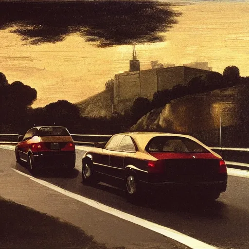 Image similar to a man in his car queuing in traffic at dusk, angry at other motorists, in the background the queue of cars, painted by caravaggio