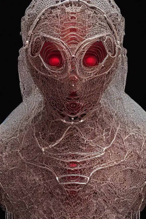 Prompt: a melancholic realistic 8k Sculpture of a complex robotic human face, liquid simulation, dramatic lighting, silver gold red details, hexagonal mesh wire, filigree intricate details, cinematic, fleshy musculature, white blossoms, elegant, octane render, art nouveau, 8k post-processing, intricate artwork by moebius