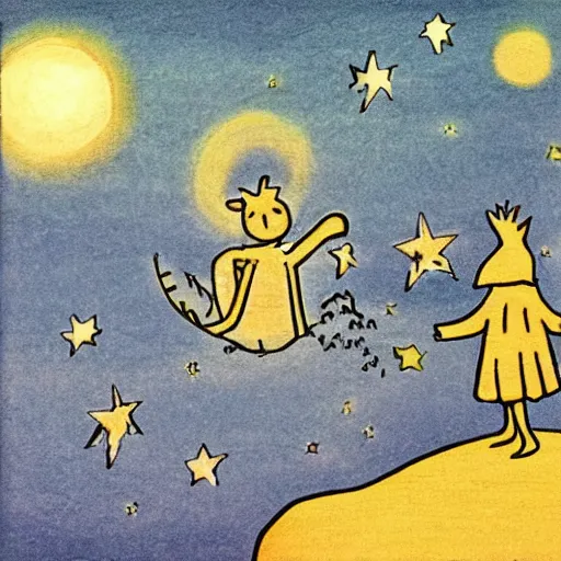 Prompt: a page from a hand illustrated storybook about moomintroll seeing the stars at night on a peaceful summers eve