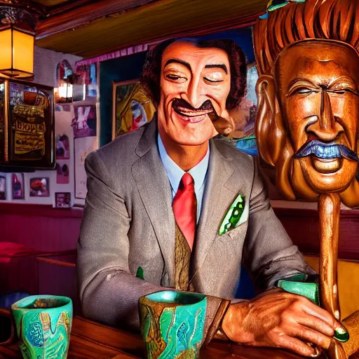 Image similar to a closeup photorealistic photograph of smiling salvador dali at trader vic's bar sitting next to a trader vic's style tiki mug featuring the face of salvador dali. tiki culture. bright scene. 4 k hd image that's trending on artstation, featured on behance, well rendered, extra crisp, features epic composition and the style of unreal engine.