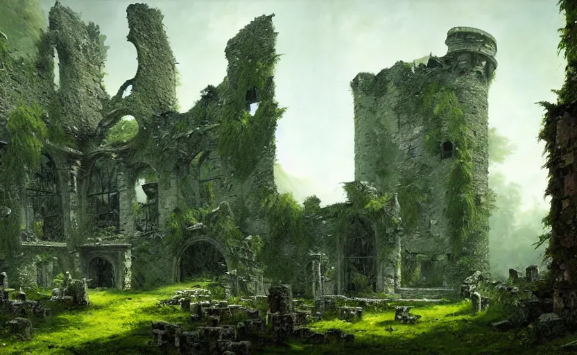 Prompt: ruins of an old castle covered by plant and moss by greg ruthkowski and craig mullins and caspar david friedrich