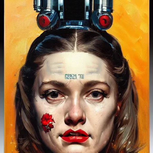 Image similar to portrait of a female android painted by Norman Rockwell and Sandra Chevrier