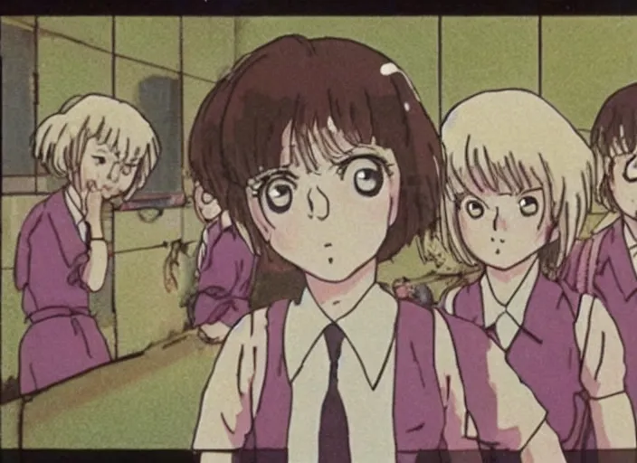 Image similar to screenshot from guro anime, 8 0's horror anime, yellowed grainy vhs footage with noise, four schoolgirls trapped in a bathroom, bathroom stalls and sinks and tiled floor, sad scared girls are in beige sailor school uniforms, one girl has white hair, detailed expressive faces, various hair colors and styles, in the style of ghibli,