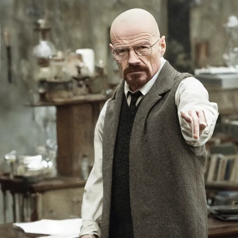 Prompt: Walter White as a professor in Harry Potter, film still