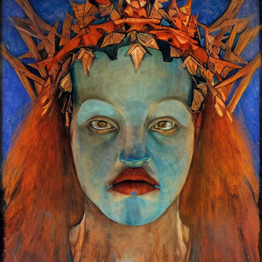 Image similar to the forest crown, by Annie Swynnerton and Nicholas Roerich and Diego Rivera, blue skin, elaborate costume, geometric ornament, rich color, dramatic cinematic lighting, smooth, sharp focus, extremely detailed