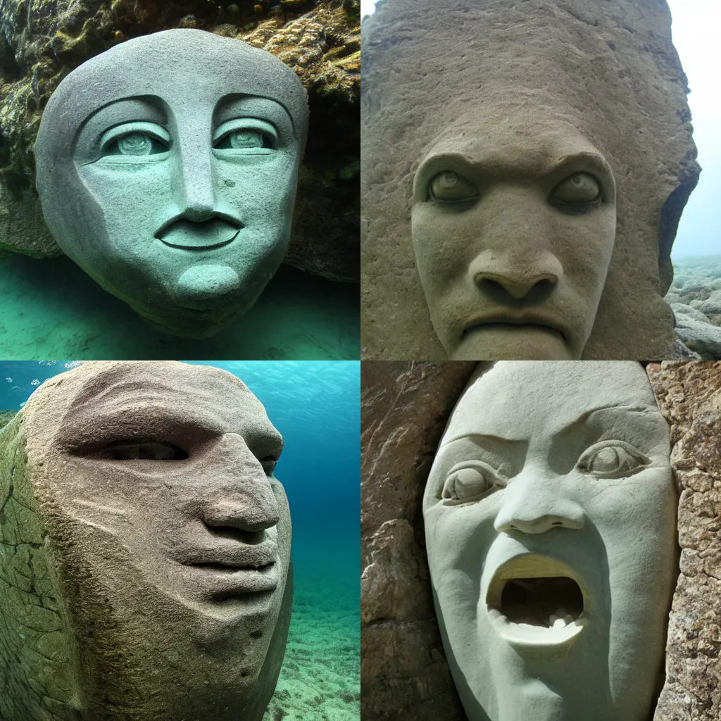 Prompt: giant underwater face carved in stone