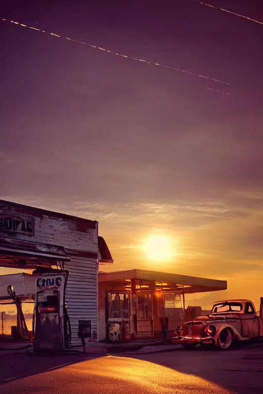 Image similar to a sunset light landscape with historical route 6 6, lots of sparkling details and sun ray ’ s, blinding backlight, smoke, volumetric lighting, colorful, octane, 3 5 mm, abandoned gas station, old rusty pickup - truck, beautiful epic colored reflections, very colorful heavenly, softlight