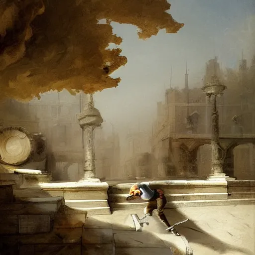 Prompt: skateboarder painting dynamic detailed by hubert robert