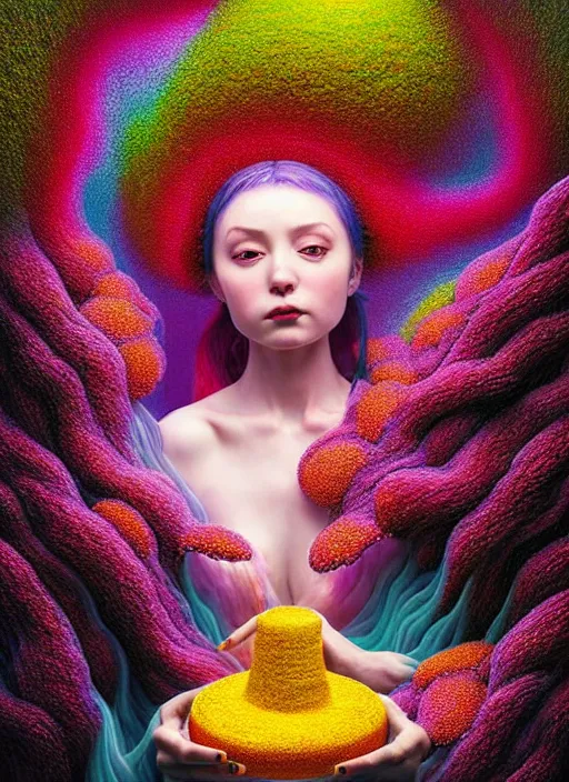 Prompt: hyper detailed 3d render like a Oil painting - kawaii portrait Aurora (black haired Fae) seen shocked and Eating of the Strangling network of yellowcake aerochrome and milky Fruit and Her delicate Hands hold of gossamer polyp blossoms bring iridescent fungal flowers whose spores black the foolish stars by Jacek Yerka, Mariusz Lewandowski, Houdini algorithmic generative render, Abstract brush strokes, Masterpiece, Edward Hopper and James Gilleard, Zdzislaw Beksinski, Mark Ryden, Wolfgang Lettl, hints of Yayoi Kasuma, octane render, 8k