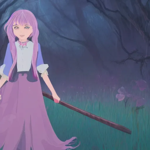 Prompt: A young adult witch with a cottage-core aesthetic with rose-colored hair and teal clothing, Nobutaka Ike, animated film still, character design, fantasy, 8k resolution