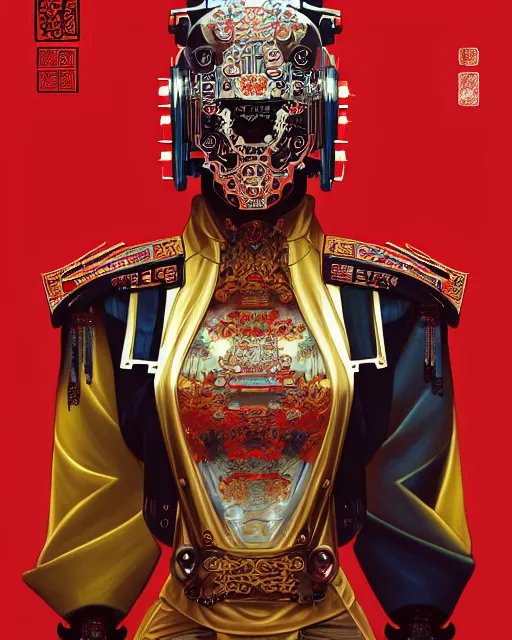 Image similar to portrait of a chinese cyberpunk machine, machine face, robed, upper half portrait, decorated with chinese opera motifs regal royal machine robot cyberpunk fine china, wuxia, traditional chinese art intricate intense elegant highly detailed digital painting artstation concept art smooth sharp focus illustration, art by artgerm and greg rutkowski alphonse mucha 8 k