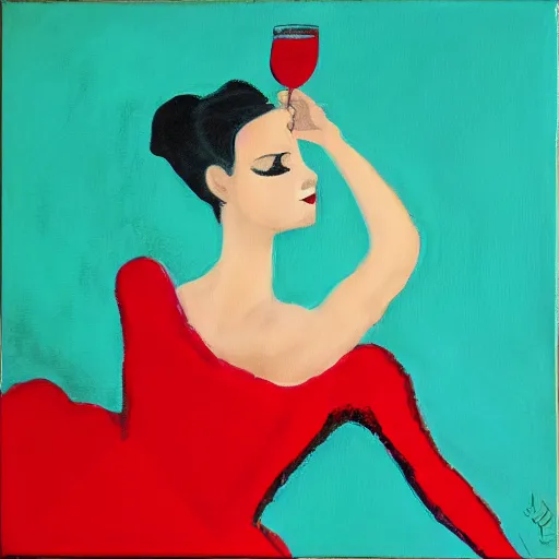 Image similar to square painting of a ballerina drinking wine in a teal room all on a red background