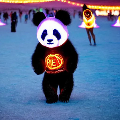 Image similar to a panda wearing led - lined clothing dancing at night on a busy playa at burning man