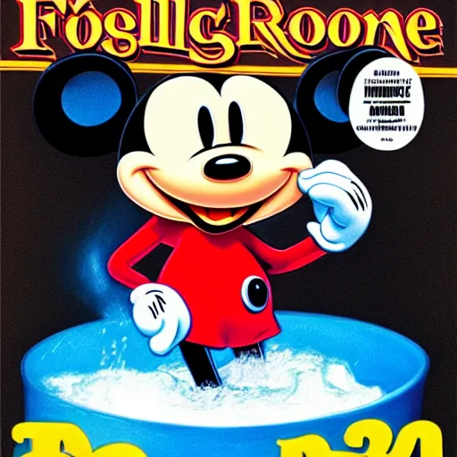 Prompt: Mickey Mouse dressed as a firefighter drinking a mug of beer in a swimming pool, Cover of Rolling Stone magazine, Hyperrealistic,