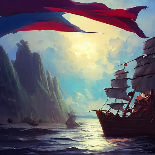 Image similar to a large pirate ship floating on top of a body of water, pirates flag, cgsociety, fantasy art, 2 d game art, concept art, heavenly lighting, retrowave, behance hd, concept art by jesper ejsing, by rhads, makoto shinkai cyril rolando, madgwick, cory loftis, sylvain sarrailh