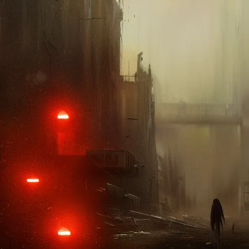 Image similar to A portrait of a suicidal girl, ruins of a destroyed city and a yellow-red full moon on background, techwear, dark, rainy atmosphere, natural volumetric light, intricate, highly detailed, digital painting, concept art, sharp focus, illustration, art by greg rutkowski, matte painting, trending on artstation