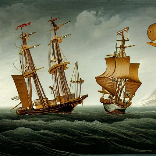 Prompt: a painting of a wooden sailing ship being attacked by flying saucers in the arctic, intricate, detailed