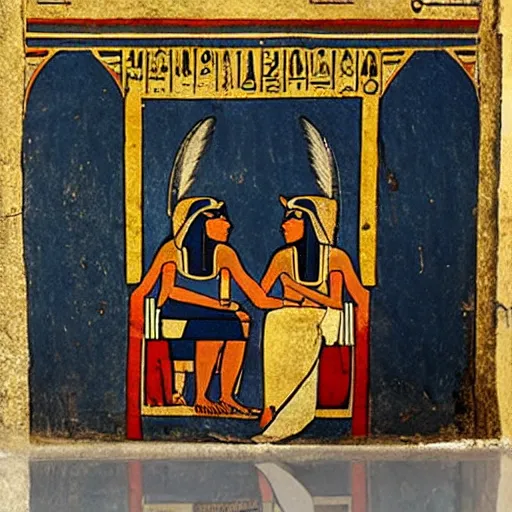 Prompt: a couple sitting on a park bench, ancient egyptian mural