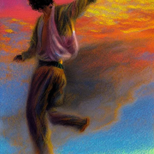 Image similar to arab man with curly hair skydiving alone, centered, pastel colors, peaceful, impressionist painting, figurative painting, intricate details, sunset