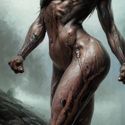 Prompt: portrait painting of a muscular dark elf female sweaty thighs, tattooed, scars, ultra realistic, concept art, intricate details, eerie, highly detailed, photorealistic, octane render, 8 k, unreal engine. art by artgerm and greg rutkowski and alphonse mucha