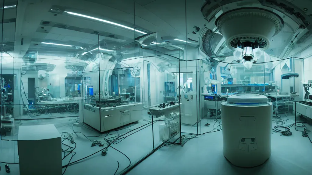 Prompt: a huge octo mri machine and control panels in the glass laboratory inspection room, film still from the movie directed by denis villeneuve with art direction by salvador dali, wide lens