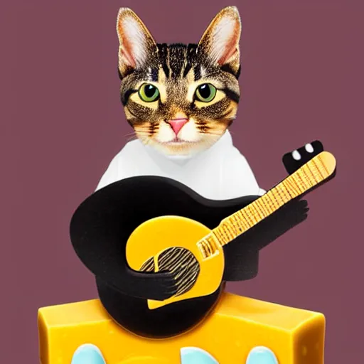 Prompt: A Hyperealistic Cat with a body made out of cheese playing guitar.