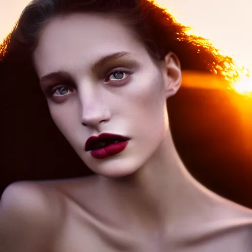 Image similar to photographic portrait of a stunningly beautiful high fashion alluring female in soft dreamy light at sunset, dark lips, contemporary fashion shoot, by edward robert hughes, x annie leibovitz and steve mccurry, david lazar, jimmy nelsson, breathtaking, 8 k resolution, extremely detailed, beautiful, establishing shot, artistic, hyperrealistic, beautiful face, octane render