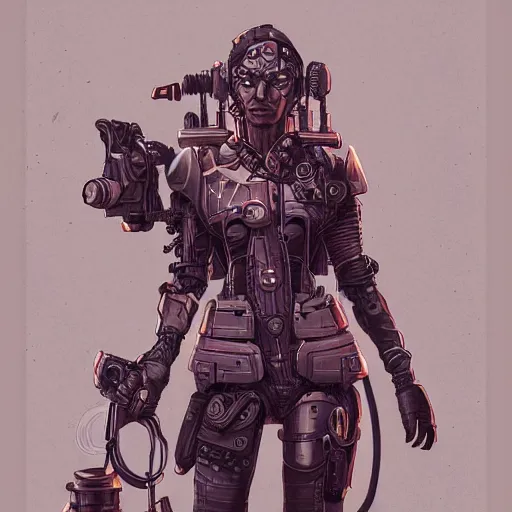 Image similar to lineart, colour, cyborg, full body, steampunk, hyperdetailed, artstation