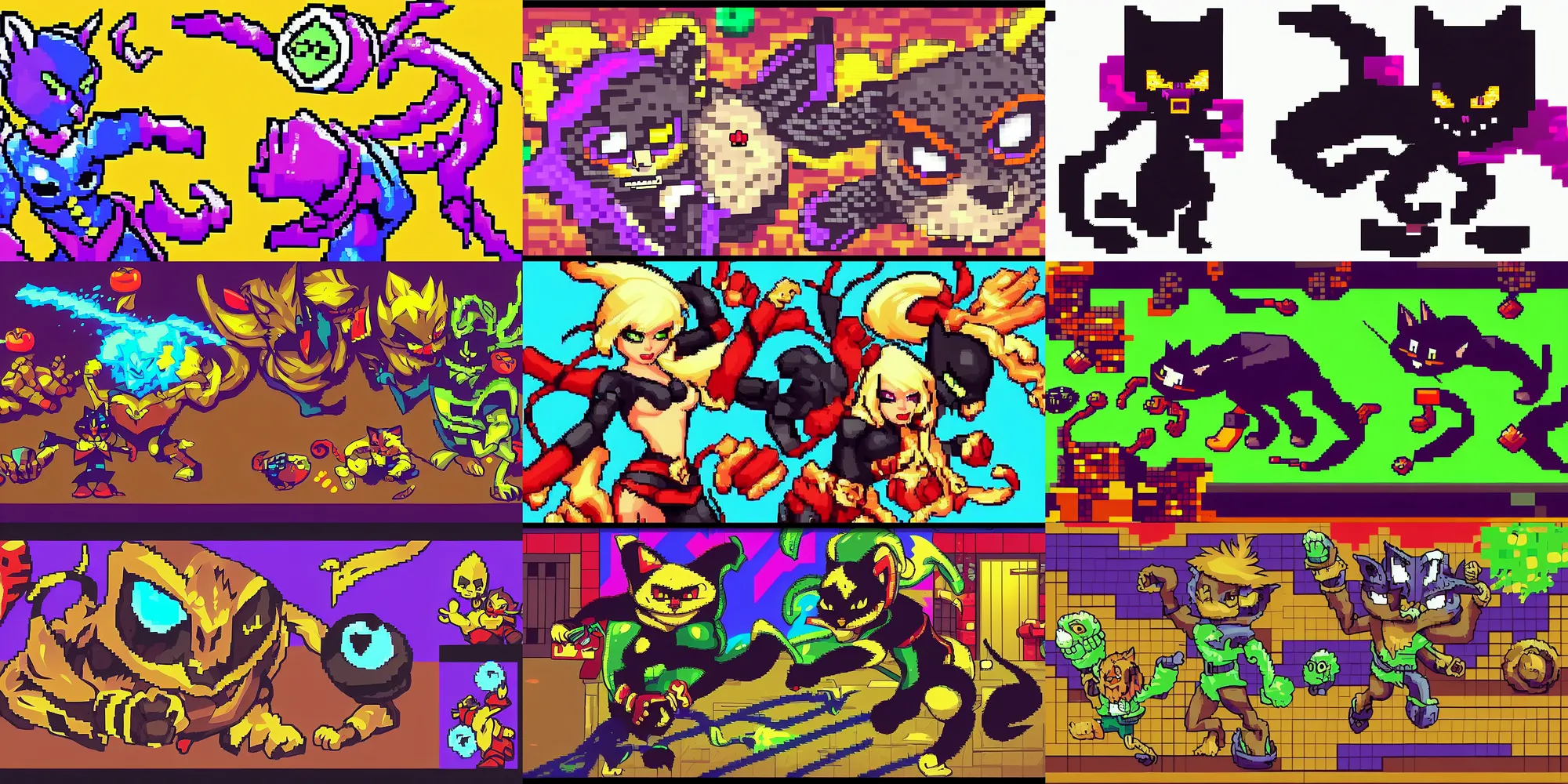 Prompt: game asset, concept art of black cat, high quality pixel art, rpg, very coherent and colourful high contrast masterpiece.