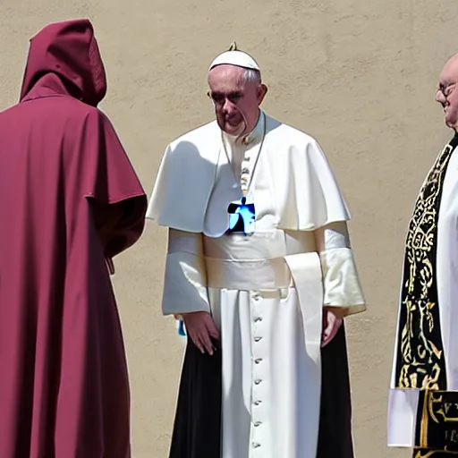 Image similar to the pope wearing a dark hooded robe